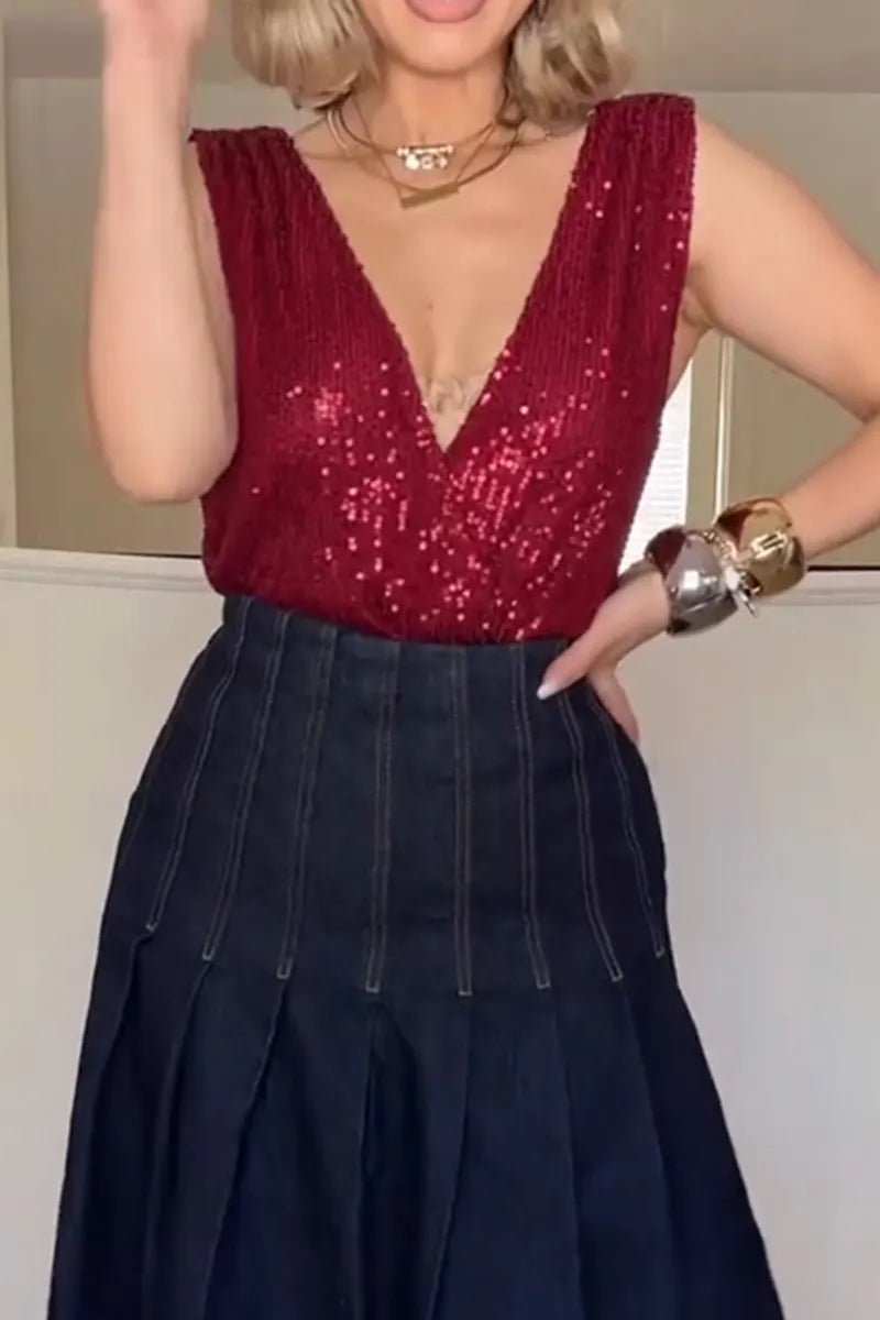 Women's Elegant Sequin Cami or Pleated Denim Skirt