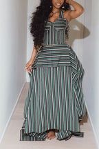 Women's Vintage Striped Halter Neck Asymmetric Maxi Dress