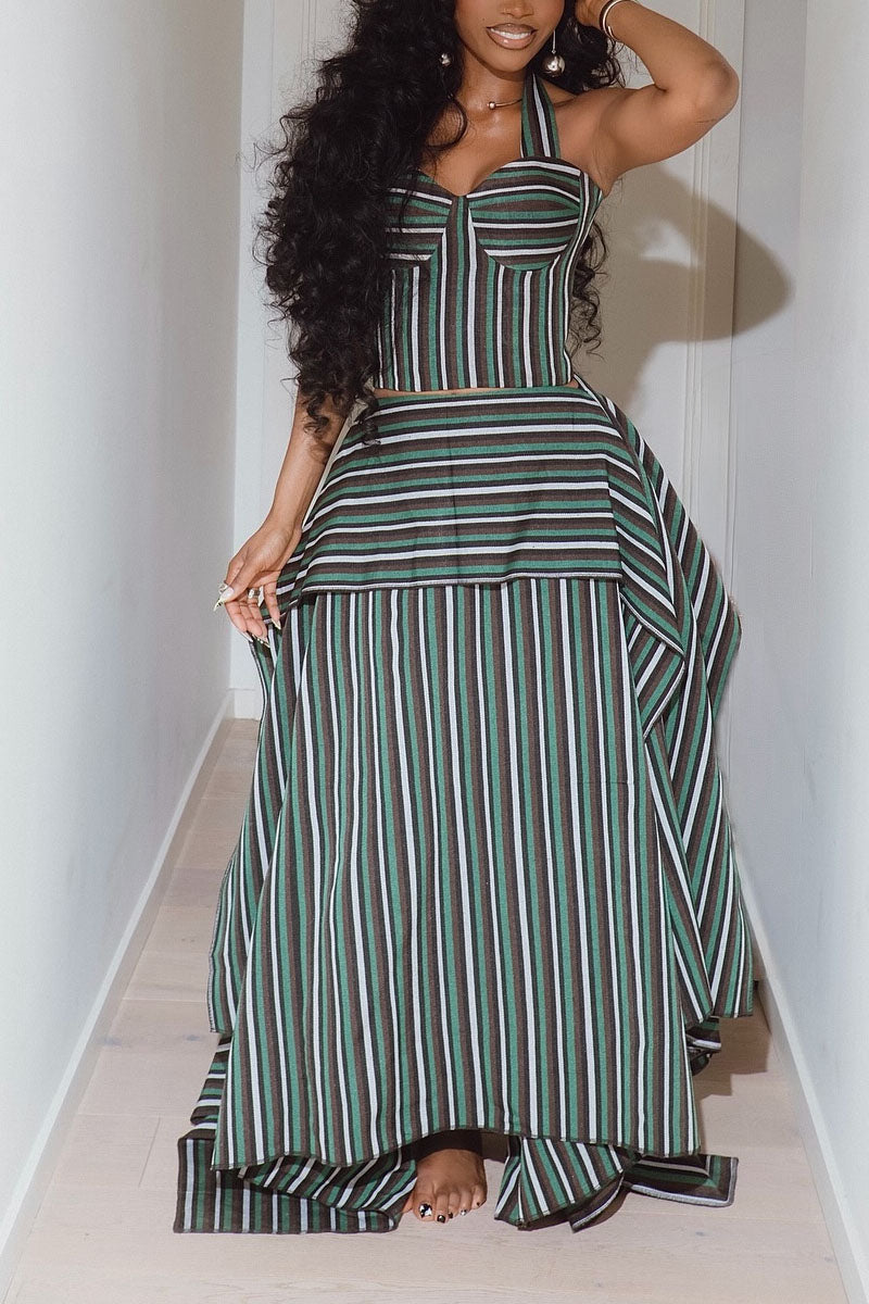 Women's Vintage Striped Halter Neck Asymmetric Maxi Dress
