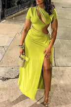 Women's Short Sleeve Ruched Maxi Dress with Bodycon Fit & Waist Cutouts