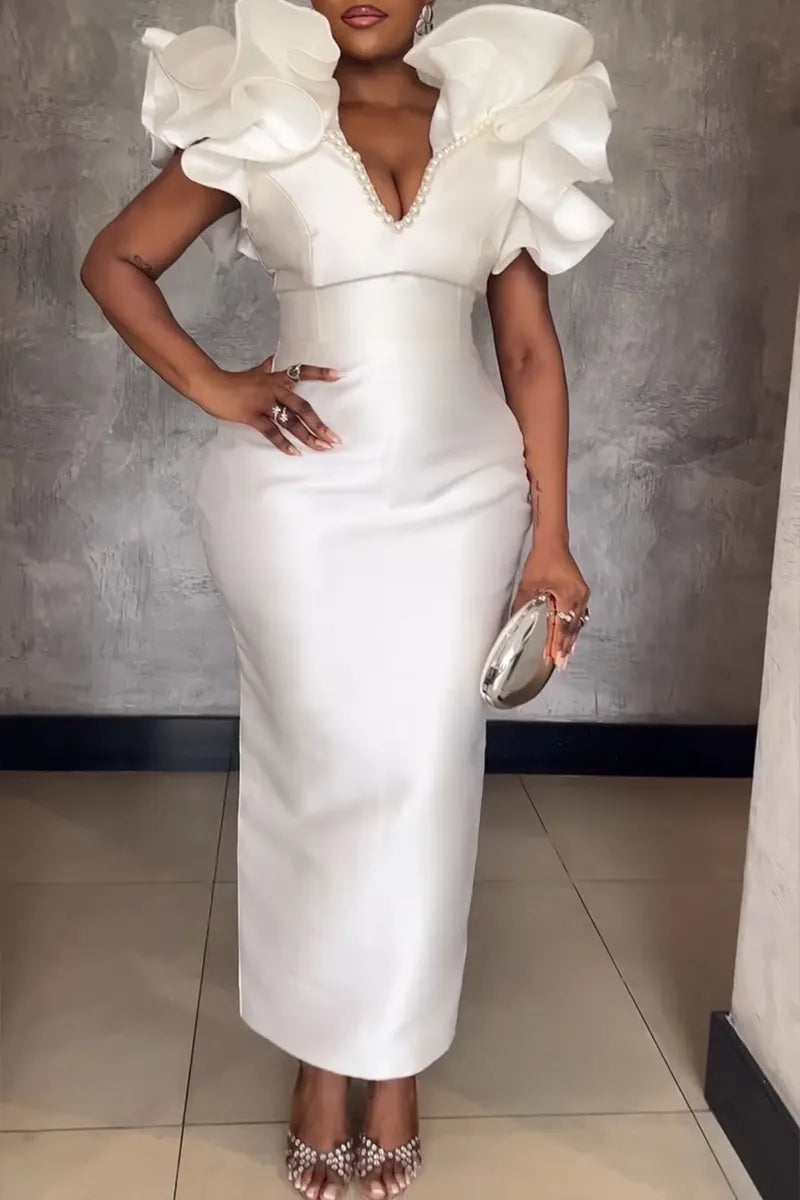 Women's Elegant Flounce-Sleeve Beaded Maxi Dress