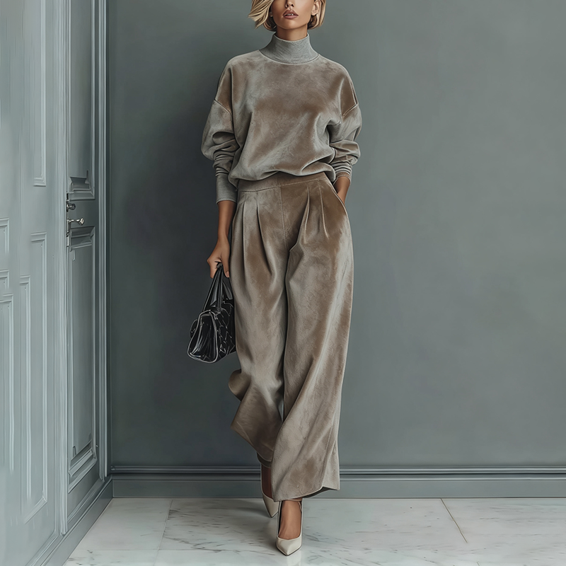 Velvet Cloud Oversized Co-ord Set: Luxe Turtleneck & Tailored Wide-Leg Pants
