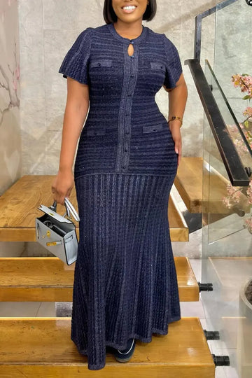 Women Round Neck Buckle Splicing Slim and Elegant Temperament Knitted Dress