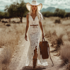 White Lace Western-Boho Maxi Dress with High Slit