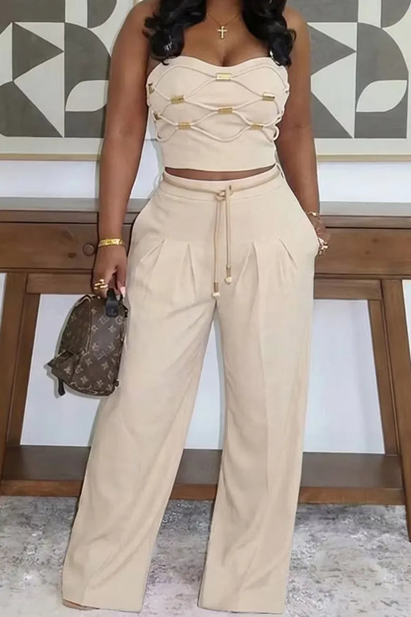 Women's Metallic Strapless Commuter Top Or Wide Leg Trousers
