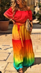 Women One Piece Collar Splicing Vacation Leisure Style Colorful Maxi Dresses