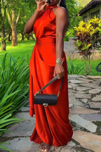 Womens Neck Hanging Sleeveless Waist Cinching and Elegant Temperament Maxi Dresses