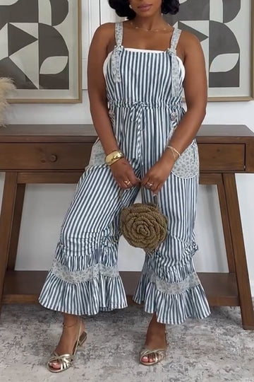 Women Spaghetti Strap Vertically Stitched Loose Casual Jumpsuit