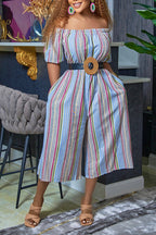 Women's Casual Striped Off-Shoulder Jumpsuit with Wide Leg Cropped Pants