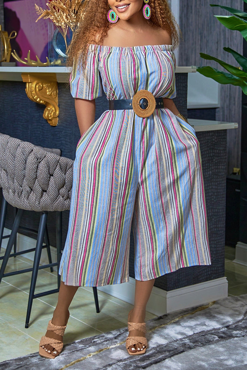 Women's Casual Striped Off-Shoulder Jumpsuit with Wide Leg Cropped Pants