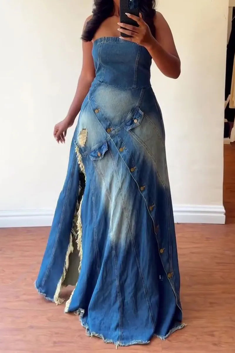 Women's Casual Strapless Patchwork Distressed Denim Maxi Dress with High Slit Frayed Hem