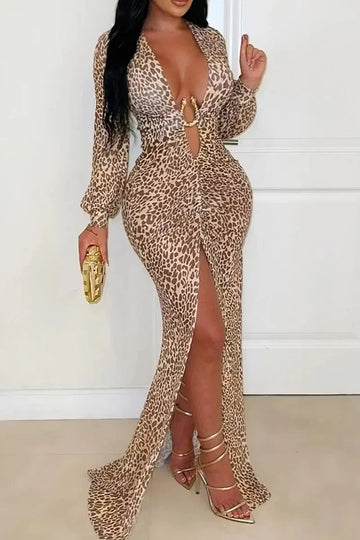 Women's Cutout Long Sleeve Printed Bodycon Party Dress