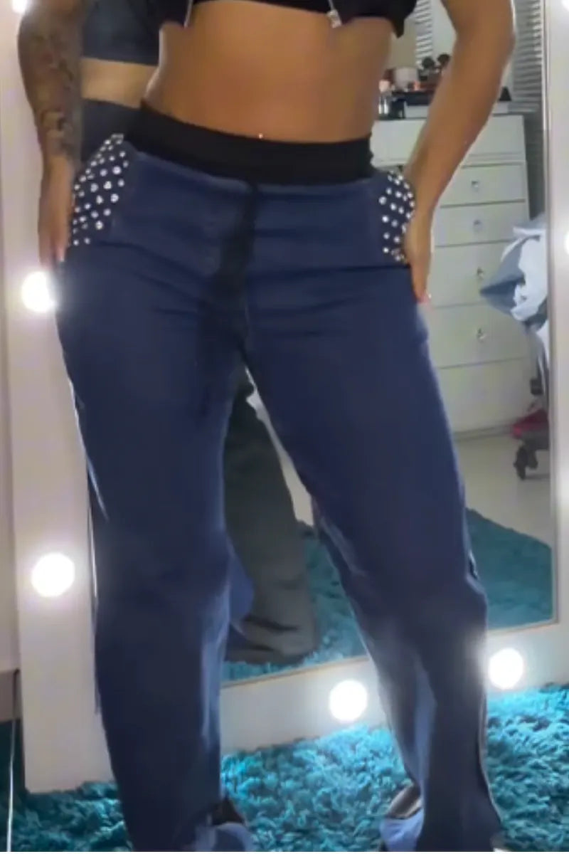 Women Round Neck Hot Pressed Diamond Spliced Top+ Pants Casual Set