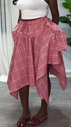 Women Drawstring Patchwork Plaid Irregular Casual Skirt