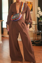 Women's Elegant V Neck Puff Sleeve Wide Leg Jumpsuit