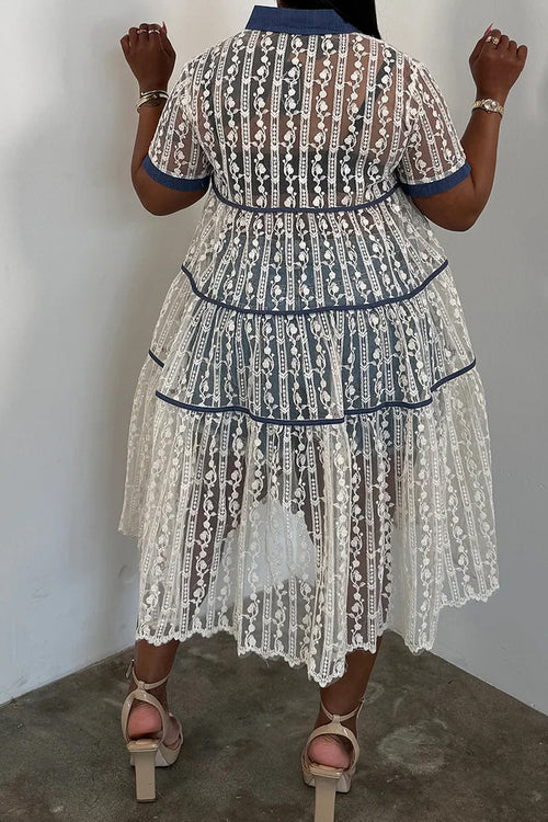 Ladies' Fashionable Casual Lace V-Neck Short Sleeved Contrasting Button Top Denim Mid Length Skirt