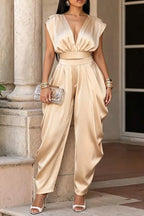 Women's Champagne Satin Deep V Cutaway Shoulder Elastic Waist Crop Top Or Elastic Waist Loose Flowy Satin Baggy Trousers