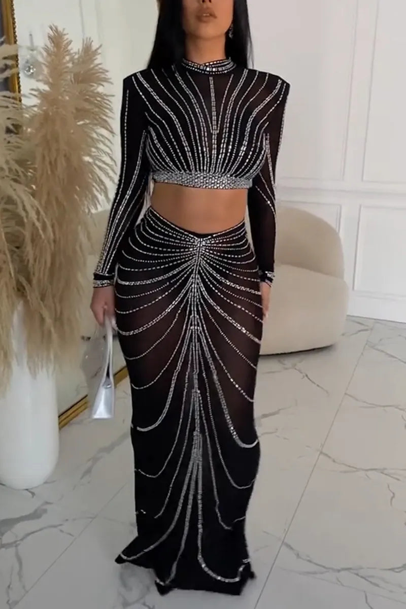 Women's Fashion Party Rhinestone Top Skirt Set