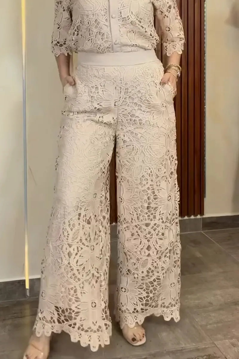 Women Lapel Patterned Hollow Top or Wide Leg Pants