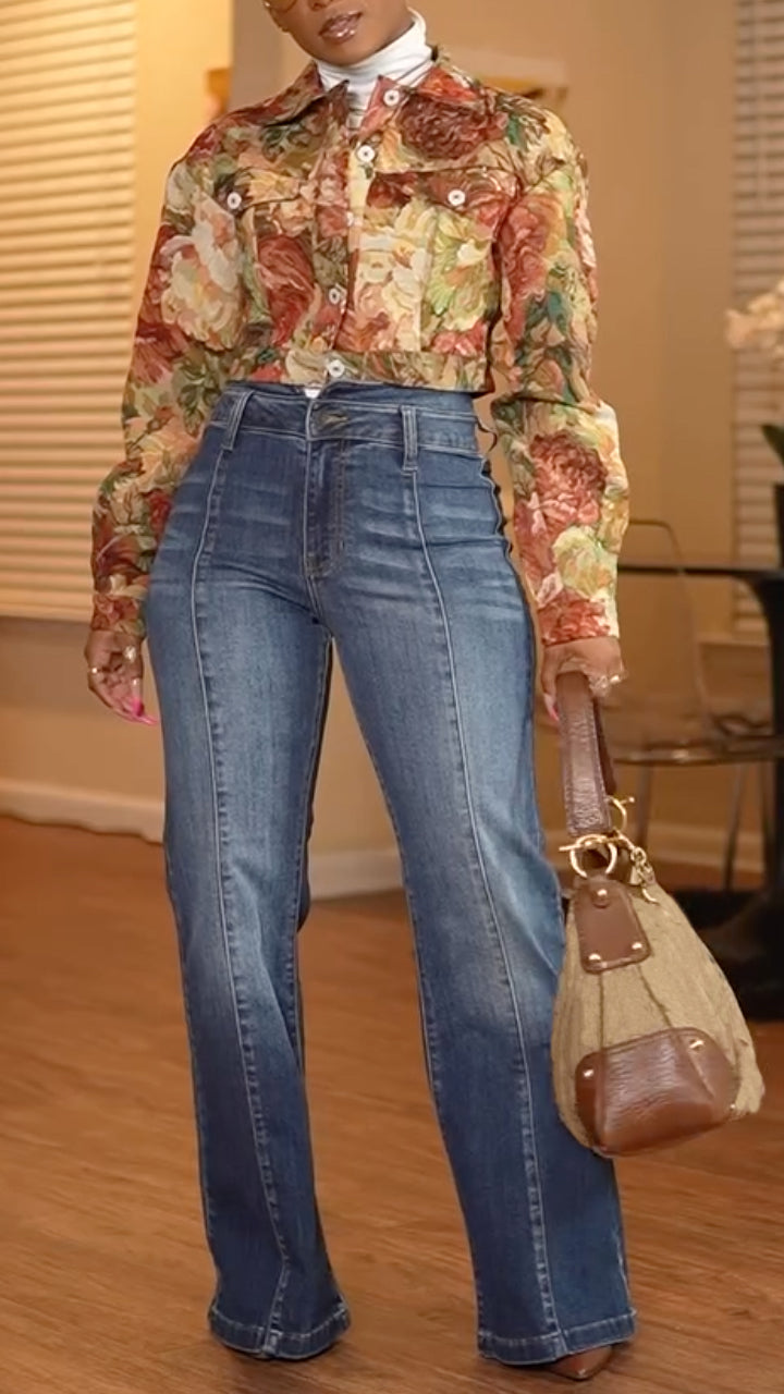 Women Collar Printed Top+ Jeans Casual Suit