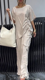 Women's Round Neck Pleated Top+patchwork Pocket Pants Casual Suit