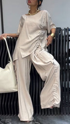 Women's Round Neck Pleated Top+patchwork Pocket Pants Casual Suit