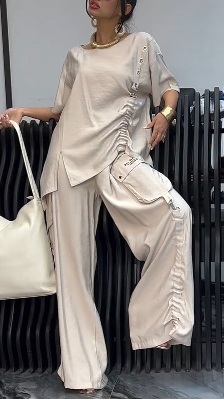 Women's Round Neck Pleated Top+patchwork Pocket Pants Casual Suit