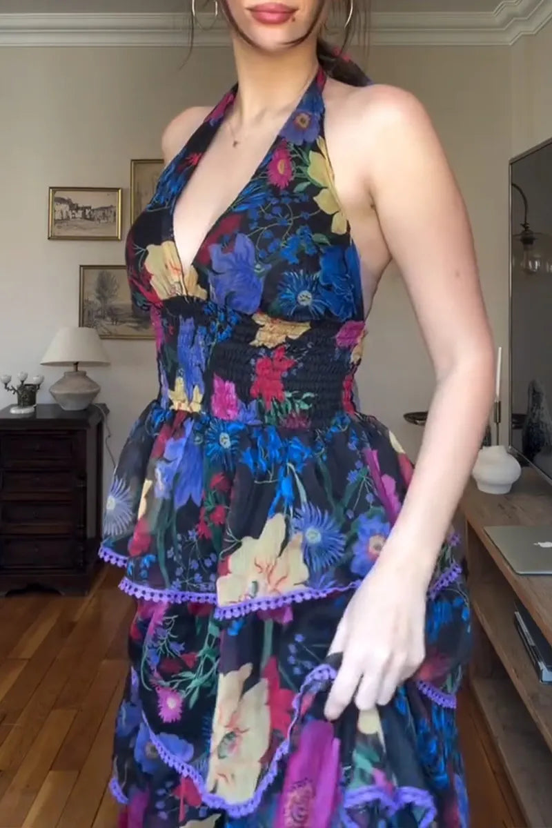Women's Elegant Resort Layered Hem Floral Dress