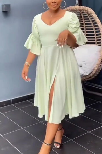 Women V-neck Back Cross Hollow Solid Color Elegant Casual Midi Dresses