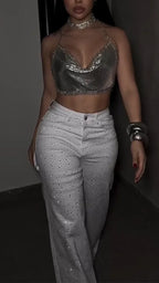 Women Neck Hanging Shiny Top+ Rhinestone Pants Sexy Casual Suit