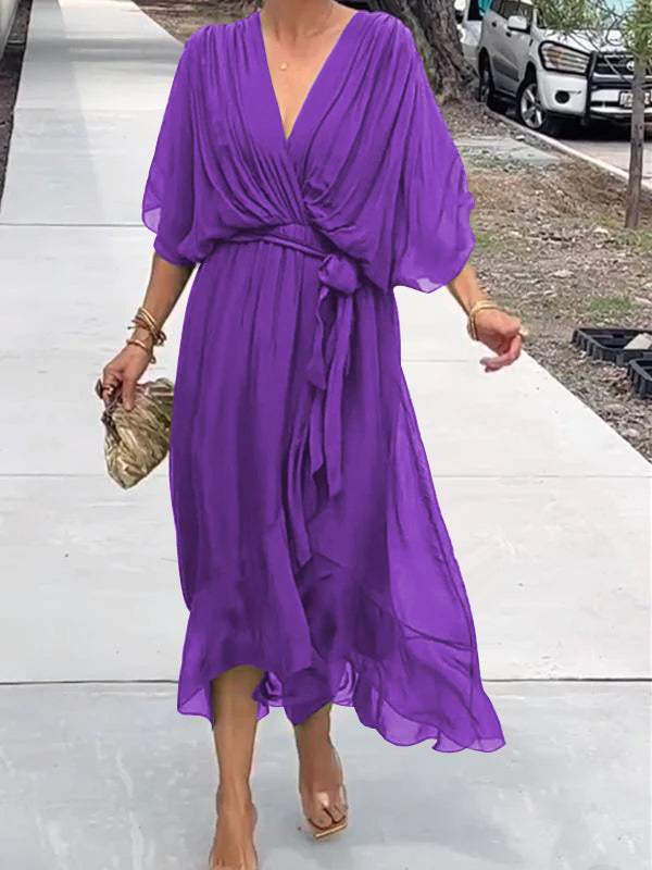 Women Stylish and elegant V-neck chiffon midi dress