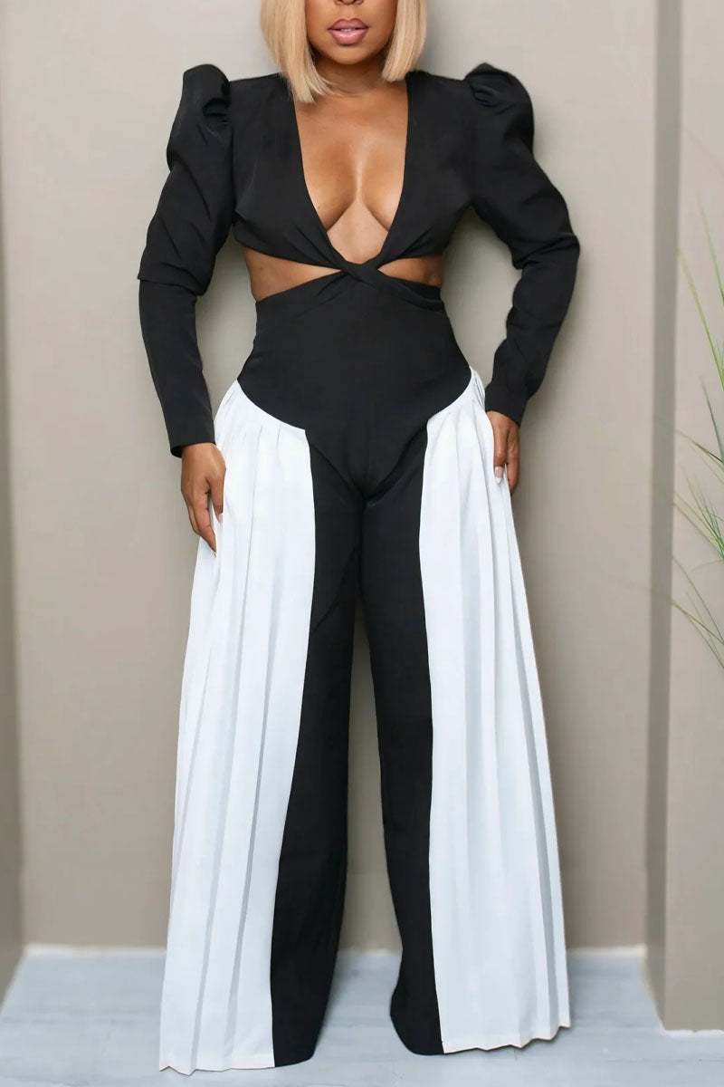 Women's Deep V Neck Twist Waist Cutout Pleated Side Wide Leg Jumpsuit
