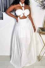 Women's  Casual Sleeveless Halter Maxi Dress with Cutout Waist and Flowy Skirt