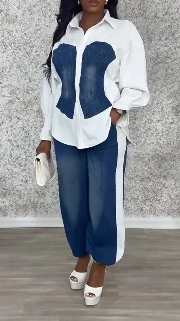 Women Laple Collar Splicing Denim Washing Water Casual Set