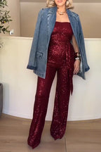Women's Fashion-Party Bustier Sequin Jumpsuit with Belt