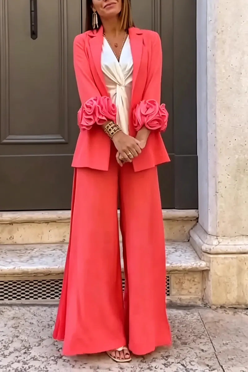 Women's Fashion 3D Floral Cuff Blazer & Slit Pants