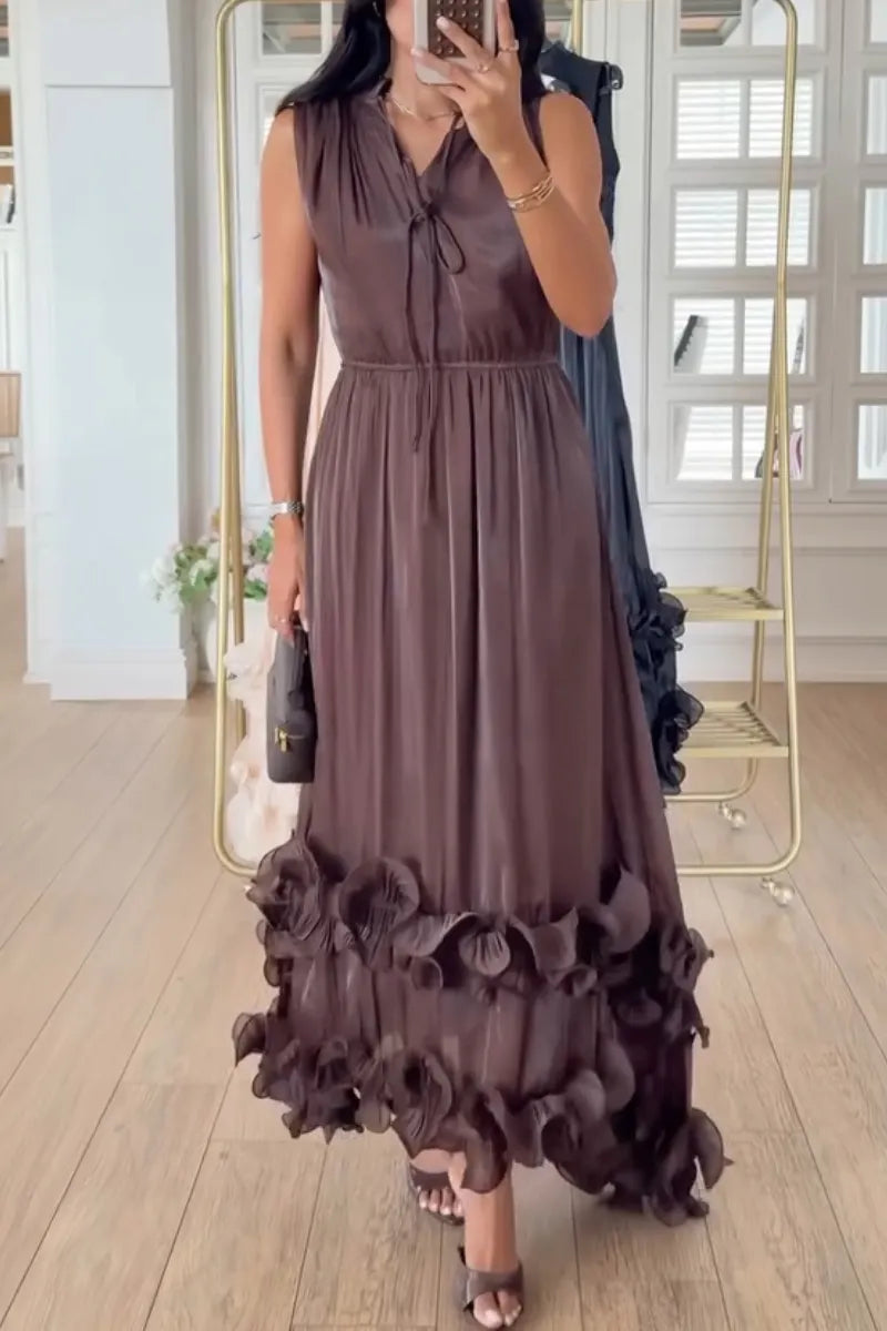 Women V-neck Sleeveless Patchwork Waist Cinching Elegant Temperament Dress