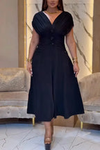 Women V-neck Waist Cinched Solid Color Elegant Casual Dress