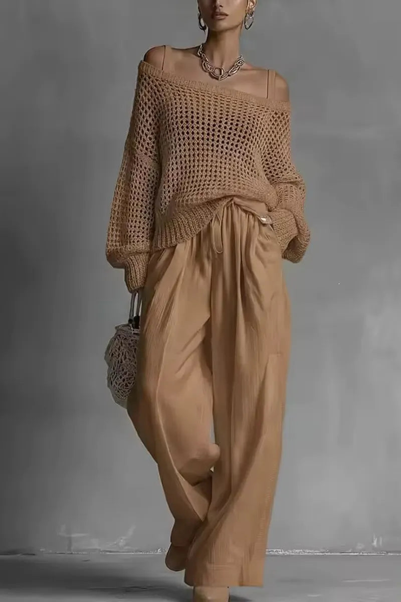 Women Suspender Woven Hollow Cover Shirt + Pants Casual Suit