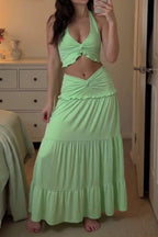 Women's Twist-Front Halter Crop Vacation Top or Knot-Detail Low Rise Maxi Skirt