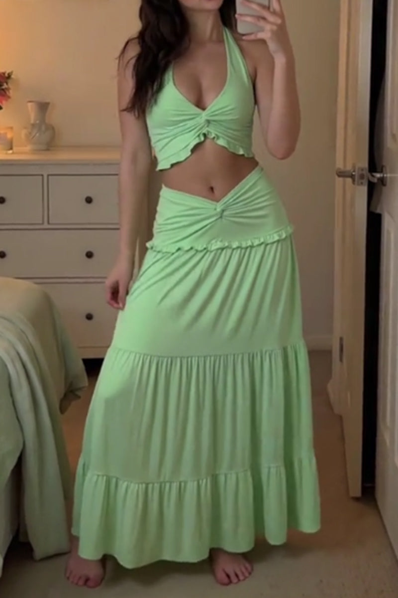 Women's Twist-Front Halter Crop Vacation Top or Knot-Detail Low Rise Maxi Skirt