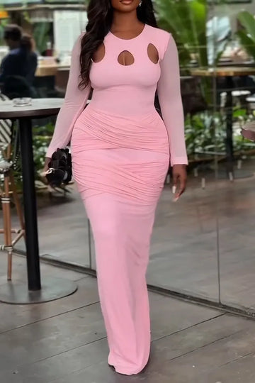 Women Round Neck Hollow Waist Slimming Elegant Temperament Dinner Party Style Dress