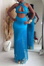 Women's Braided Detail Halter Cutout Fringe Hem Bodycon Maxi Dress