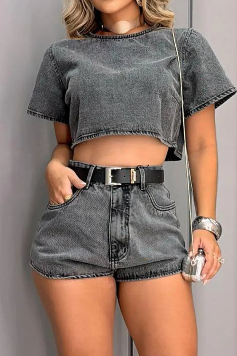 Women's Washed Black Denim  with Short Sleeve Crop Top or Curved Hem Shorts