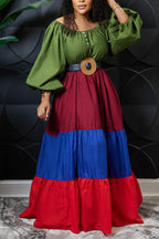 Women's Multi-Color Tiered Maxi Dress with Off Shoulder Puff Sleeves and Waist Belt