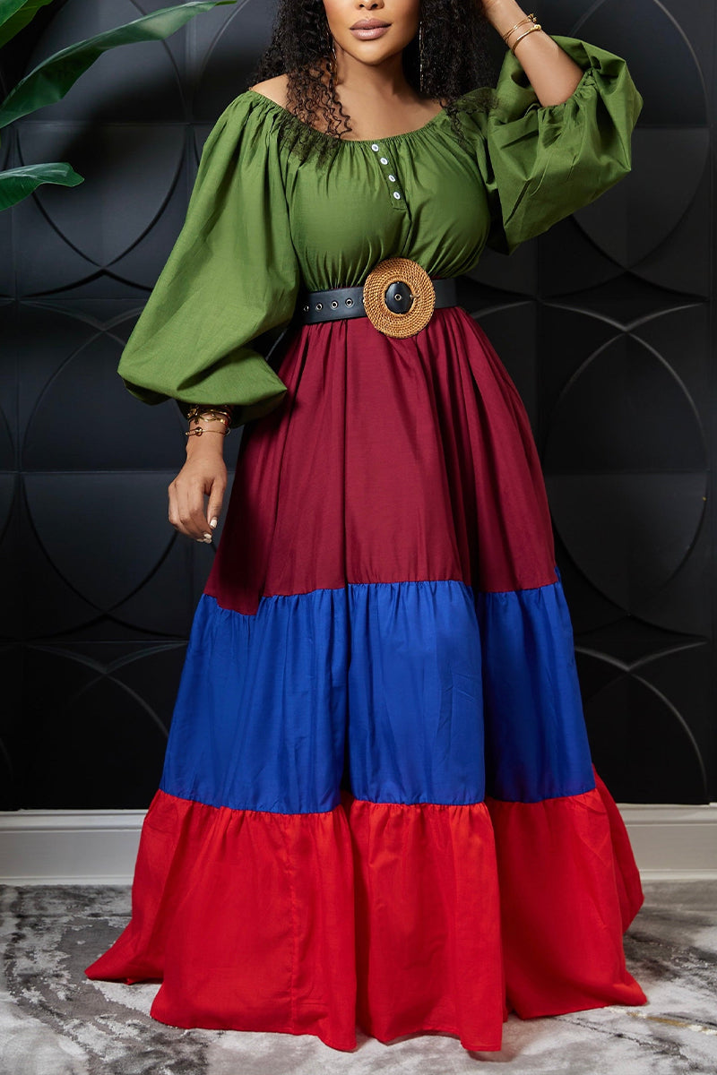 Women's Multi-Color Tiered Maxi Dress with Off Shoulder Puff Sleeves and Waist Belt