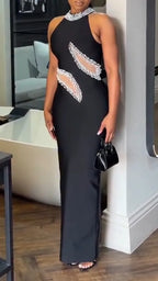 Women Round Neck Sleeveless Hollow Nail Bead Elegant Temperament Dress