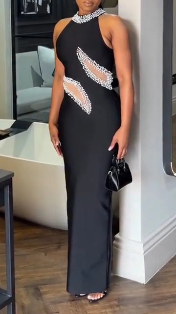 Women Round Neck Sleeveless Hollow Nail Bead Elegant Temperament Dress