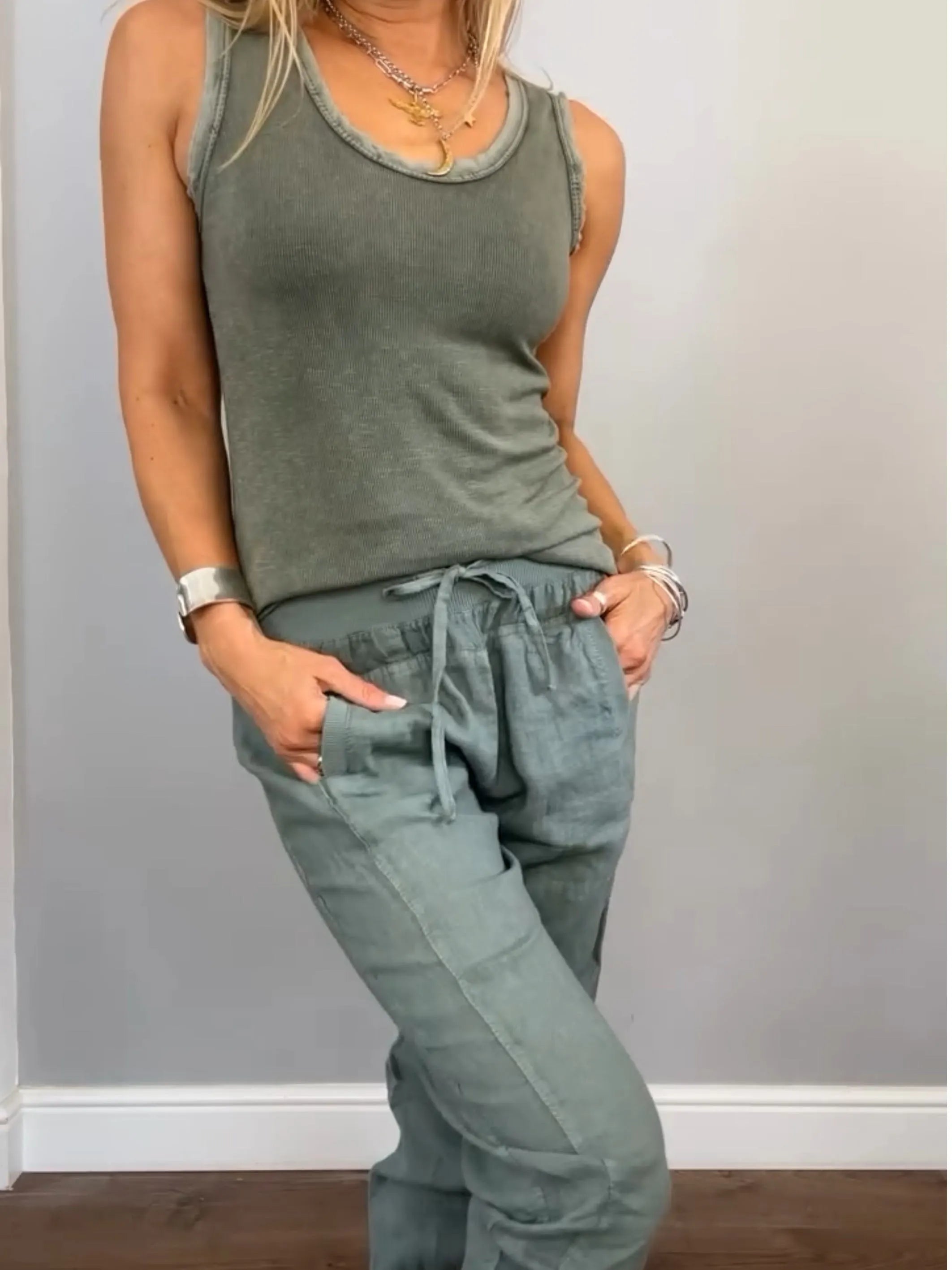 Women's Daliy Summer Cotton and Linen Casual Two-piece Set