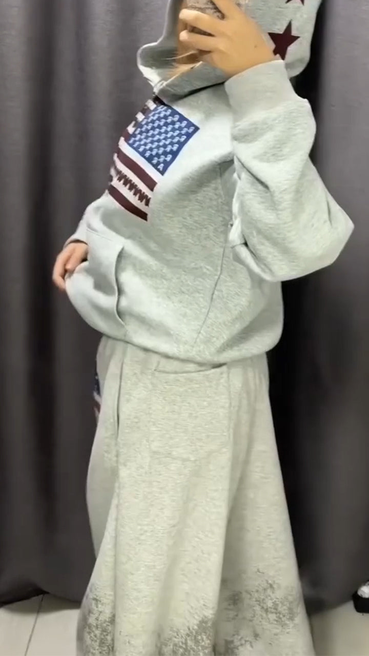 Womens Hooded Printed Jacket + Pants Casual Set